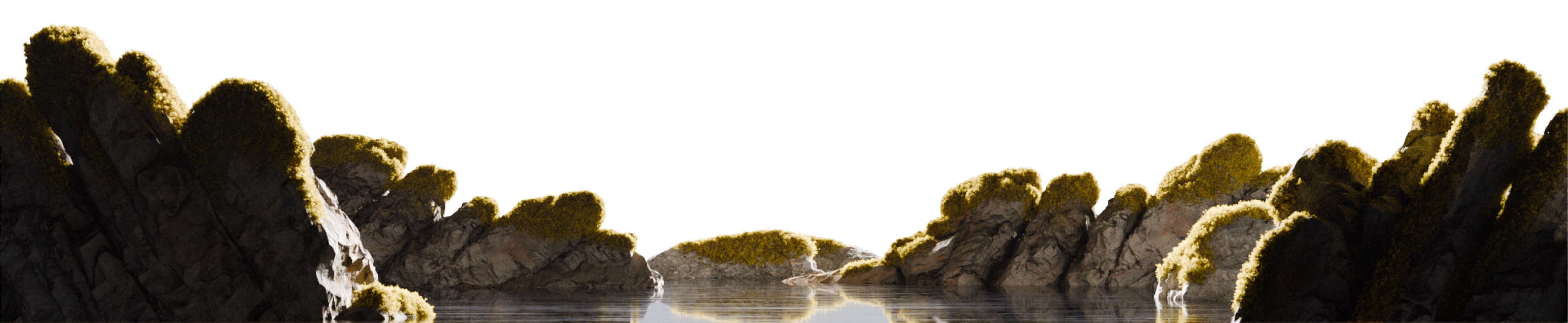 Mossy rocks reflected in still water